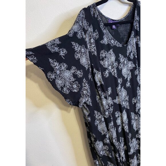 ROAMAN'S Plus 26/28 Black White Floral Flutter Short Sleeve Crinkle Vneck Dress - Picture 2 of 4